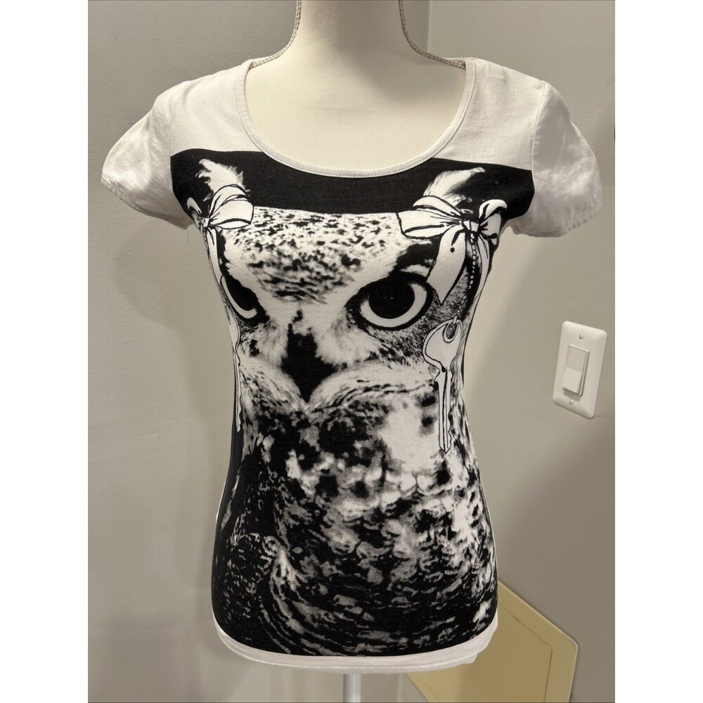 MNG Mango Jeans Black White Owl Top T Shirt Short Sleeves Size XS